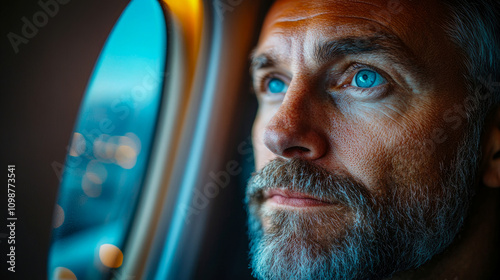 A man with a beard looks out of an airplane window, reflecting on the scenery below as evening light casts a blue hue inside the cabin photo