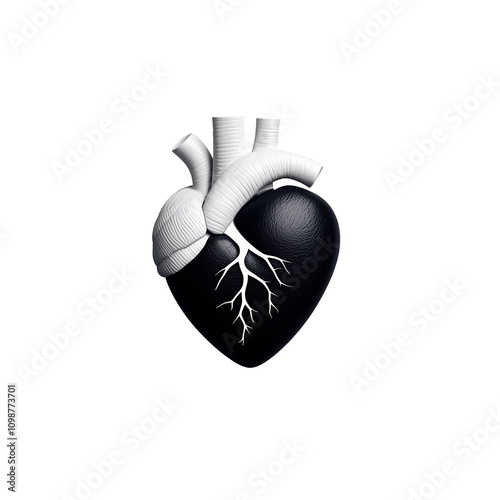 Artistic black heart with white veins and arteries on transparent background