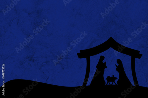 Christmas Nativity scene illustration. Characters silhouettes on blue grunge texture background.
