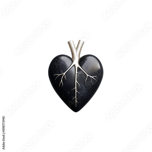 Heart shaped stone with tree roots design on transparent background