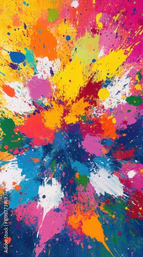 A vibrant explosion of colors showcasing a lively mix of paint splashes in a dynamic, abstract design.