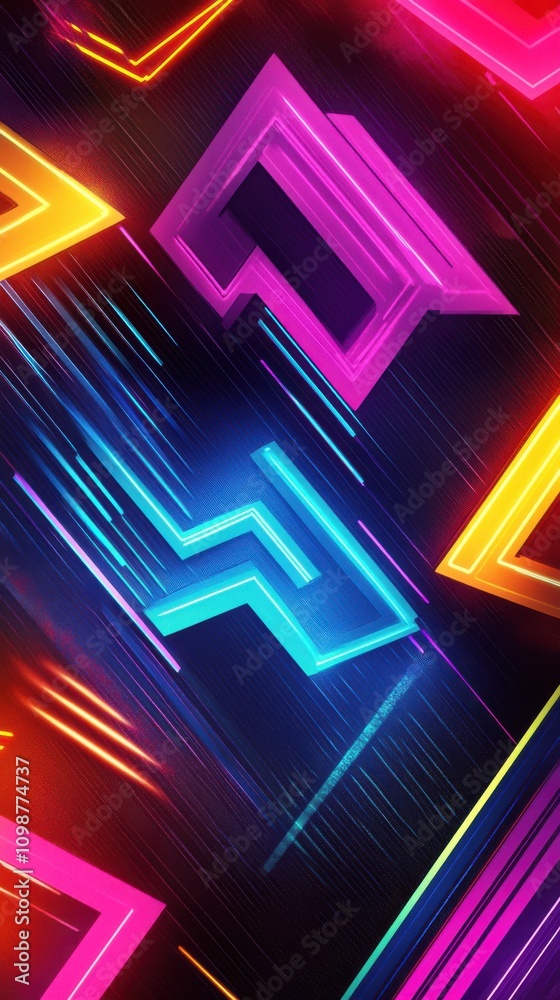 Fototapeta premium Vibrant abstract pattern with neon shapes in a mix of pink, blue, and orange hues, creating a dynamic visual experience.