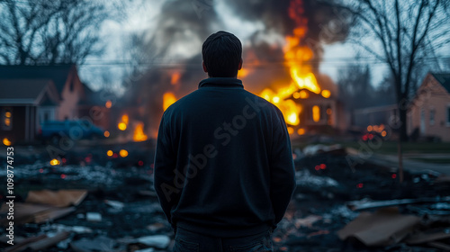 A man stands silently observing a house engulfed in flames, surrounded by charred debris in a residential area during twilight photo