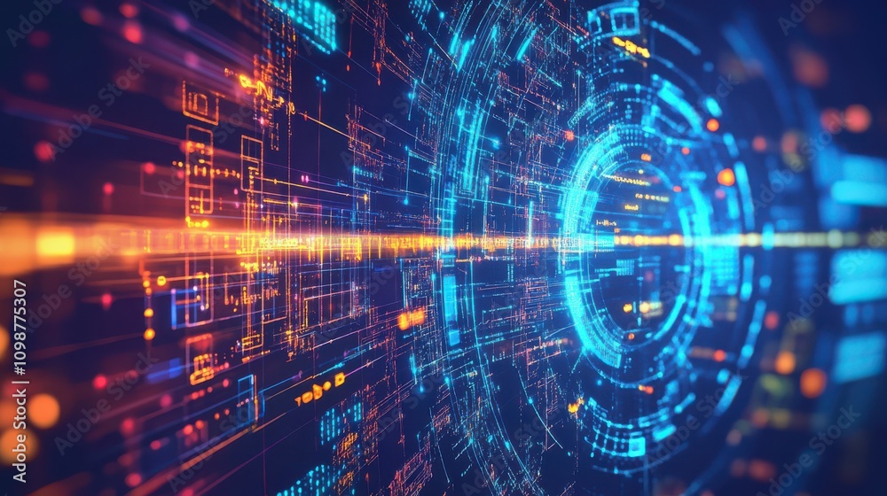 Obraz premium Digital background perfect for tech processes, neural networks, artificial intelligence, data transfer and encryption, digital archives, sound and graphic presentations, science, education