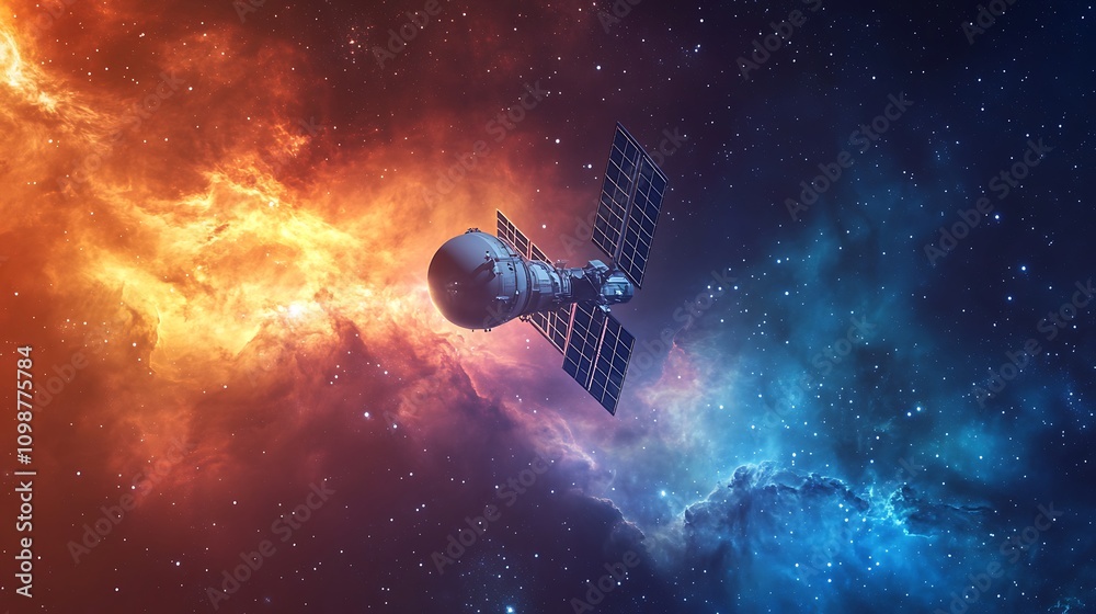 Naklejka premium A lone satellite floating in the void of space, illuminated by the Sun's rays, with a colorful nebula in the distant background. 