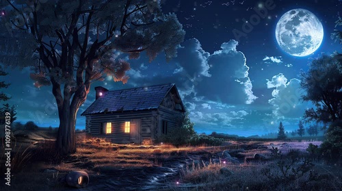 Glowing cozy house in lush green grassland beneath starry night sky with peaceful ambiance
Seamless looping 4k time-lapse virtual video animation Generated AI
