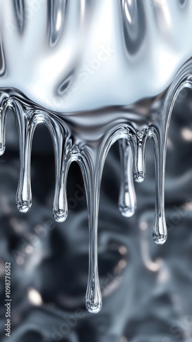 A close-up of sleek, metallic drips showcasing reflective, silvery detail and smooth textures.