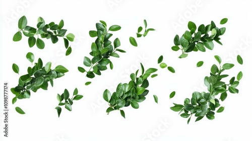 Green boxwood leaves flying isolated on white background