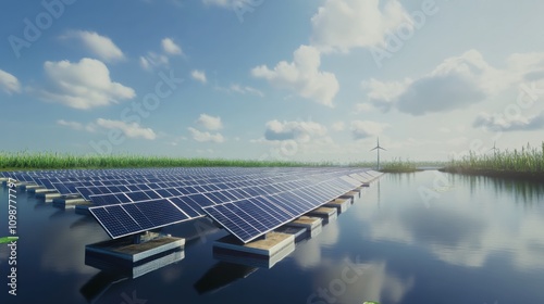 An imaginative 3D animation of a floating solar farm on a serene lake, with rows of photovoltaic panels reflecting sunlight and supporting aquatic ecosystems under a sky painted with wispy clouds photo