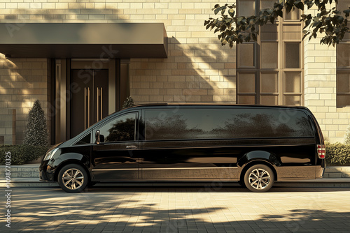 Sleek black funeral hearse parked in front of a modern building on a sunny day

 photo