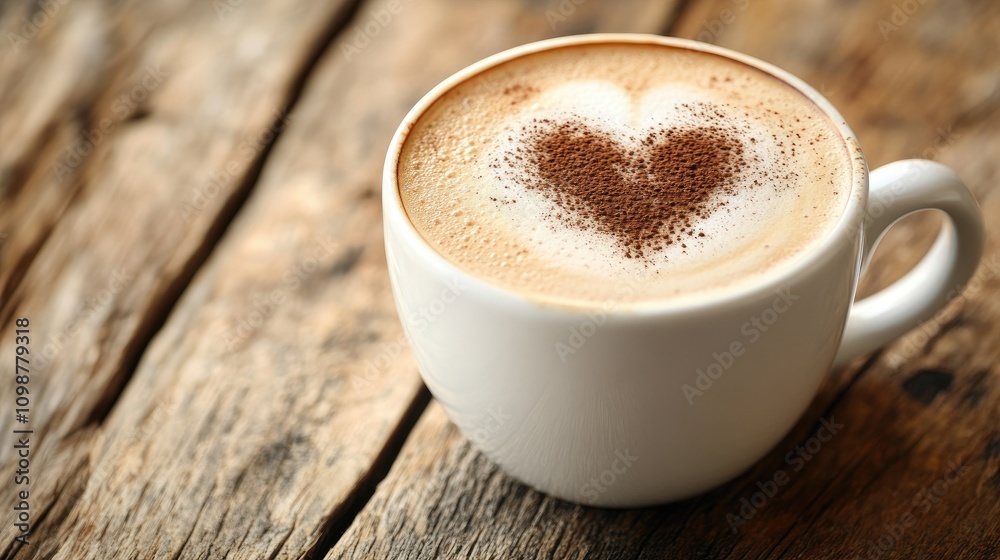 Obraz premium Cappuccino with heart-shaped latte art in a white cup on a rustic wooden table, perfect for morning coffee themes and cozy atmospheres.