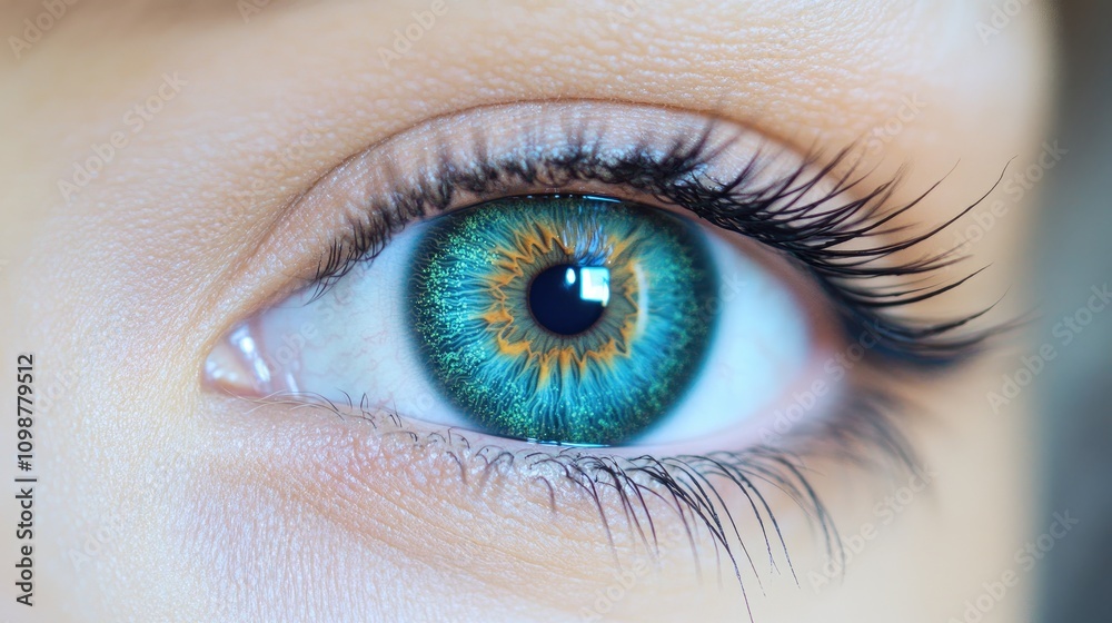 Fototapeta premium Closeup of a vibrant eye featuring a striking iridescent iris with shades of blue, green, and hints of orange, emphasizing intricate patterns and depth.