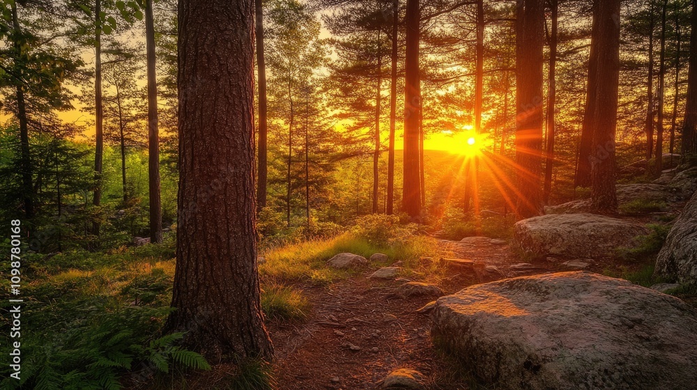 Naklejka premium A stunning orange sunset casts warm light through a grove of tall pines, highlighting lush ferns and rugged boulders in a tranquil forest scene.