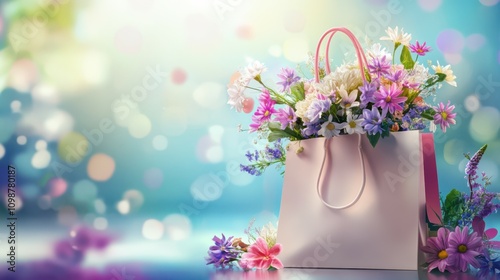 hite shopping bag with beautiful bouquet photo