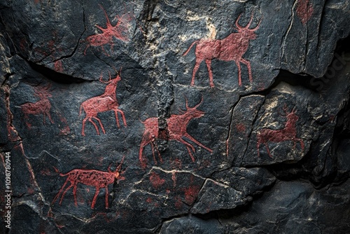 Ancient cave paintings depicting hunters and wild animals in a historic site rich with cultural heritage photo