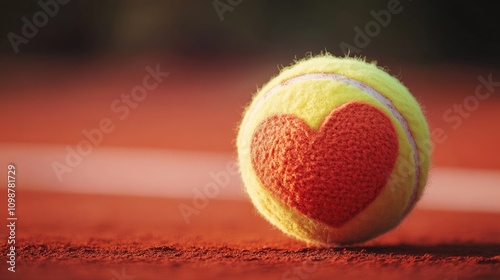 Tennis ball adorned with vibrant red heart designs on a court surface, showcasing a playful and romantic twist on a classic sports accessory. photo