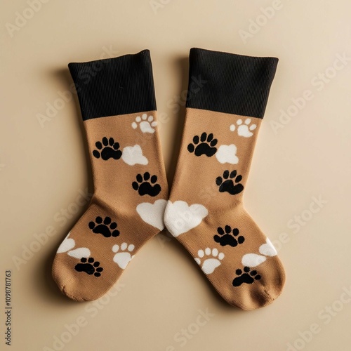 Socks featuring playful dog paw prints in warm tones perfect for animal lovers photo