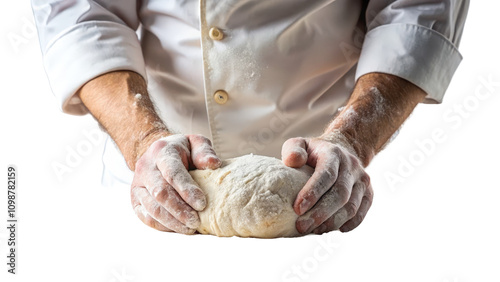 Skilled baker kneading dough with flour-covered hands in a bright kitchen during a culinary session for artisan bread preparation