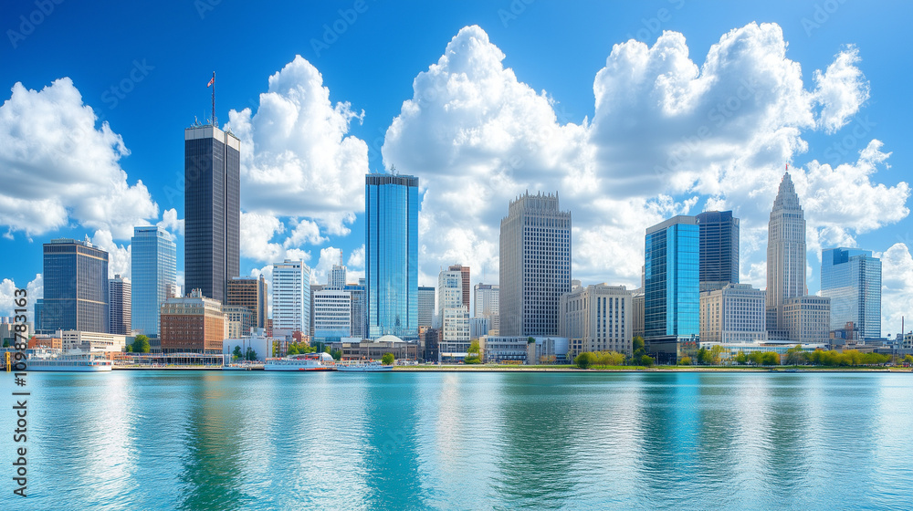 Obraz premium Modern city skyline with reflective water and cloudy sky