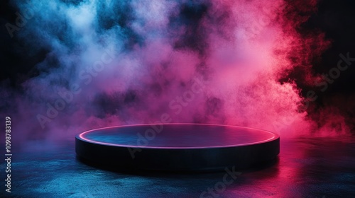 Circular black platform surrounded by vibrant neon pink and blue smoke, creating a dramatic atmosphere with soft lighting and reflections.