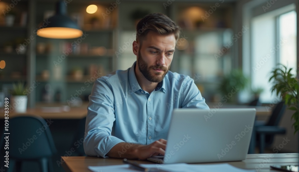 Fototapeta premium man is intently typing on his laptop in a contemporary workspace filled with greenery and soft, warm lighting, emphasizing a productive atmosphere during working hours