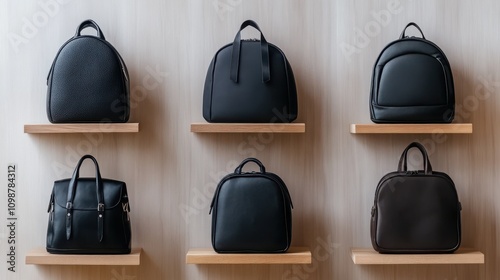 A neat grid showcases six distinctive black backpacks against a clean background, highlighting minimalist design and utility. photo