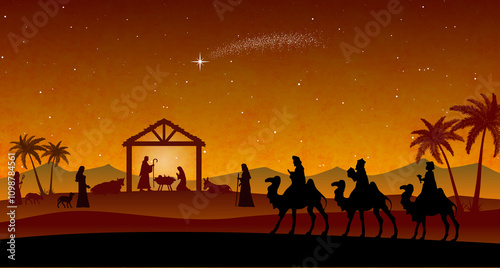 Christmas Nativity scene illustration. Three Wise Men arrive to the hut, desert setting. Characters silhouettes on red-orange grunge texture background.