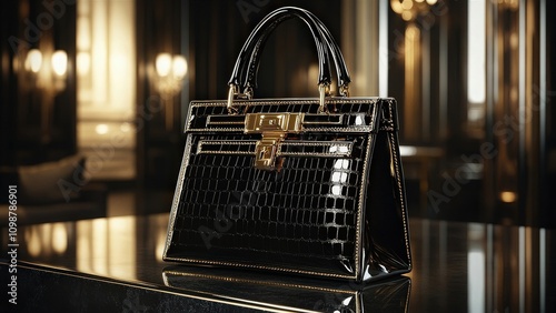 Luxury Black Handbag with Gold Accents on Reflective Surface photo