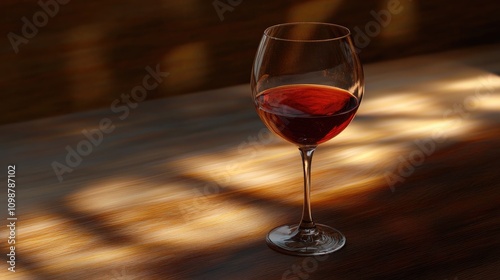 Elegant Red Wine Glass Reflecting Warm Light on a Wooden Table with Soft Shadows and Rustic Ambience