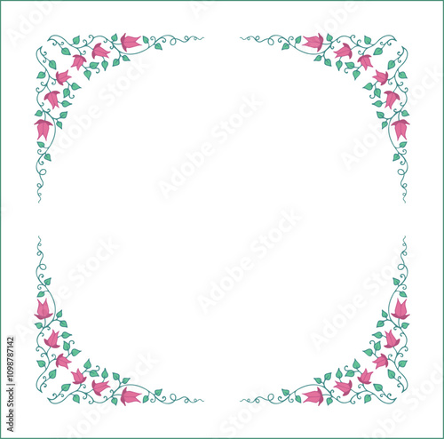 Elegant green vegetal ornamental frame with leaves and blue flowers, decorative border, corners for greeting cards. Isolated vector illustration