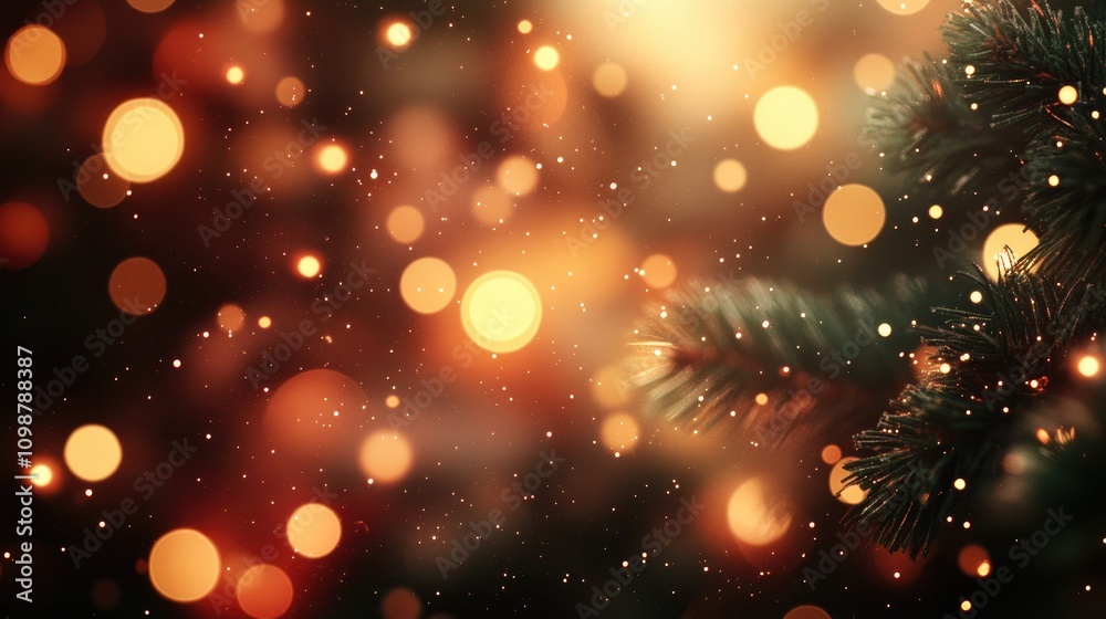 Obraz premium Festive bokeh background featuring warm holiday lights and gentle snowflakes, ideal for celebrating Christmas and New Year's events.