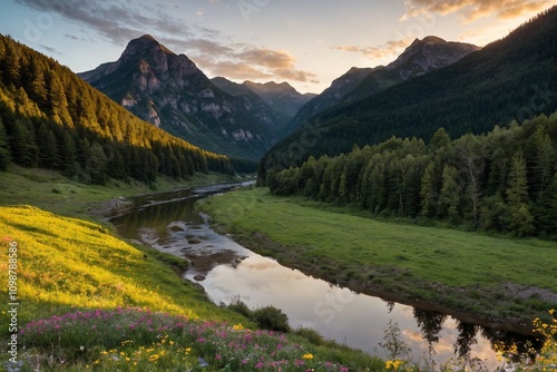 A wild river cuts through the deep valley below, its surface glowing like molten silver as it rushes with untamed power. Towering ancient forests stand resolute along the riverbanks, their dark, ancie photo