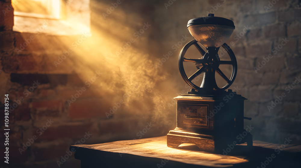 Fototapeta premium Vintage Coffee Grinder Rustic Still Life Sunlit Brick Wall Antique Coffee Mill Retro K