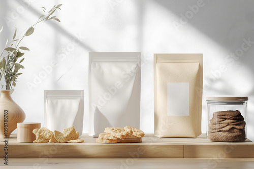 A clean template for presenting your food packaging designs, featuring mockups of snack bags, boxes, and wraps for organic food products. photo