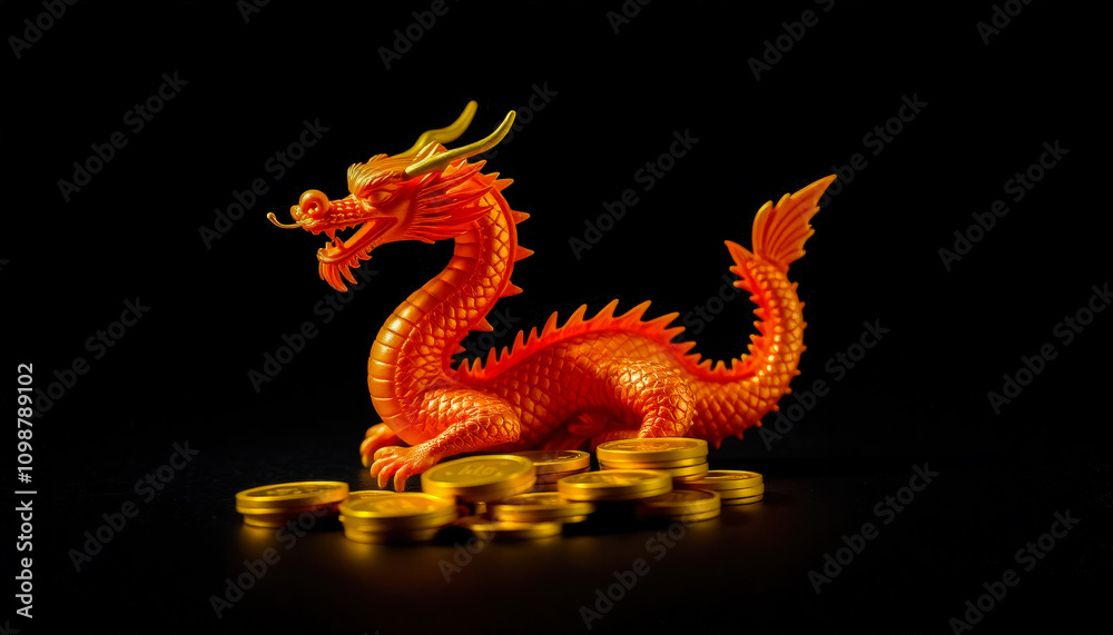 Fototapeta premium Golden Dragon Figurine with Coins on Black Background