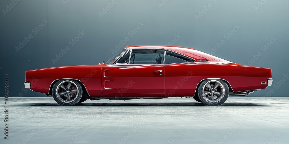 Obraz premium Sleek red vintage car parked in a modern, minimalist garage setting.