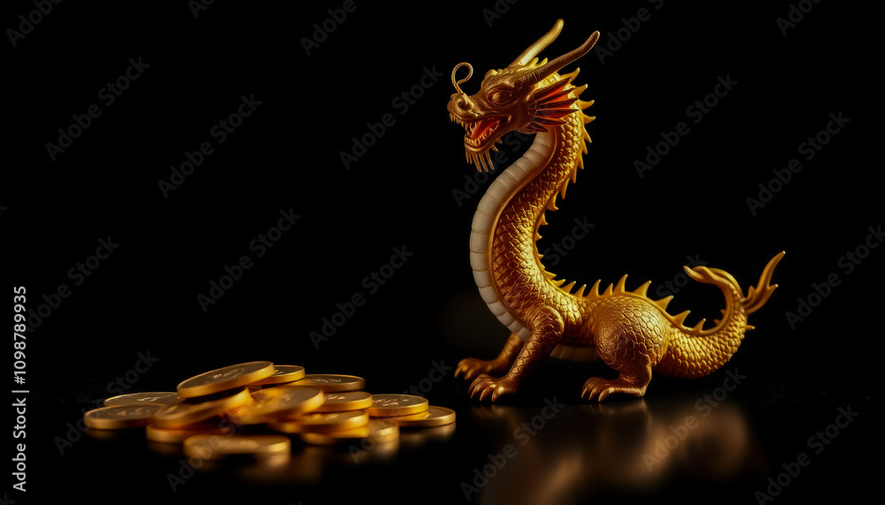 Fototapeta premium Golden Dragon Figurine with Coins on Black Background