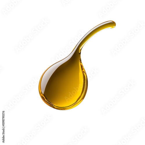 Golden oil drop with smooth texture and glossy finish on transparent background