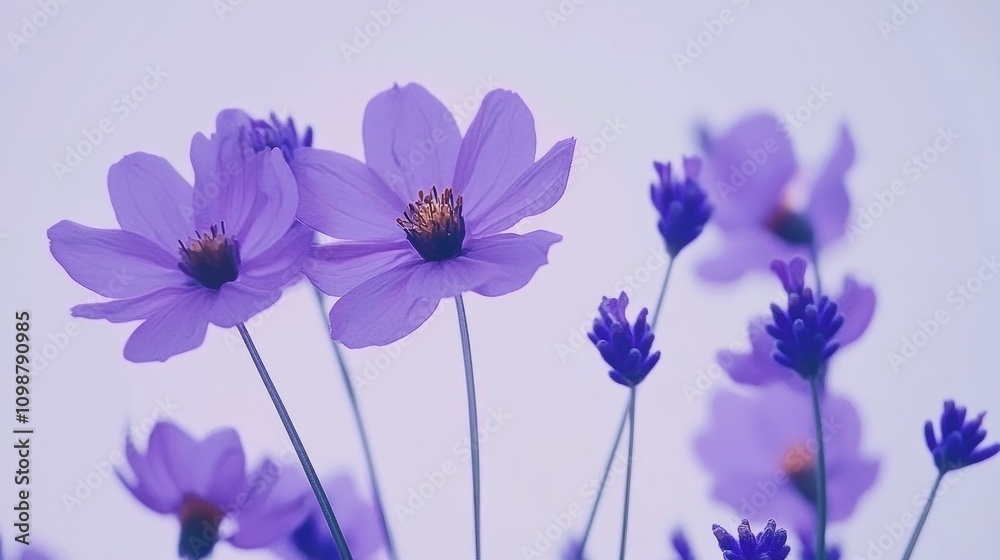 Obraz premium Lavender flowers in varying shades of purple gracefully arranged with delicate petals and soft light background creating a serene floral composition.