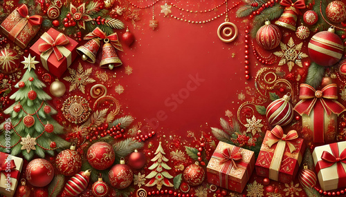 Square banner with gold and red Christmas symbols and text. Christmas tree, balls, golden tinsel confetti and snowflakes on red background. Header for website template