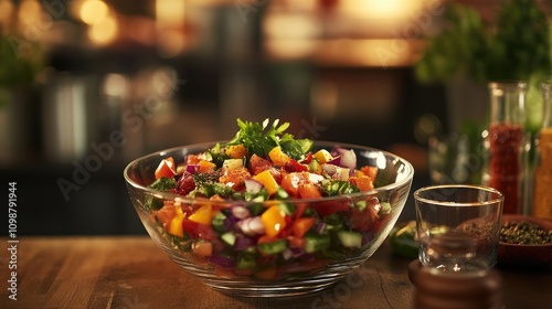 Wallpaper Mural Colorful salad bowl brimming with fresh vegetables and herbs, set against a lively kitchen backdrop with spices and glassware enhancing the culinary scene. Torontodigital.ca