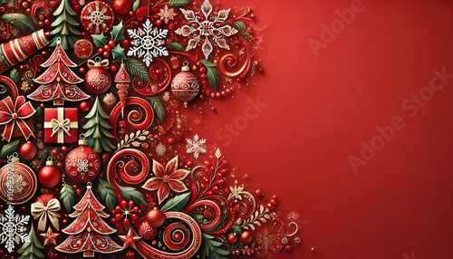 Square banner with gold and red Christmas symbols and text. Christmas tree, balls, golden tinsel confetti and snowflakes on red background. Header for website template