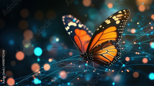 Particles, lines, and dots form an abstract digital background of a butterfly