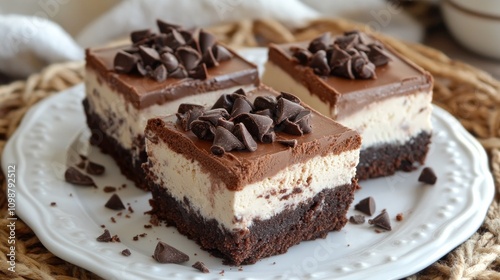 Wallpaper Mural Decadent chocolate brownie ice cream squares topped with rich chocolate curls on a white plate, perfect for dessert lovers. Torontodigital.ca