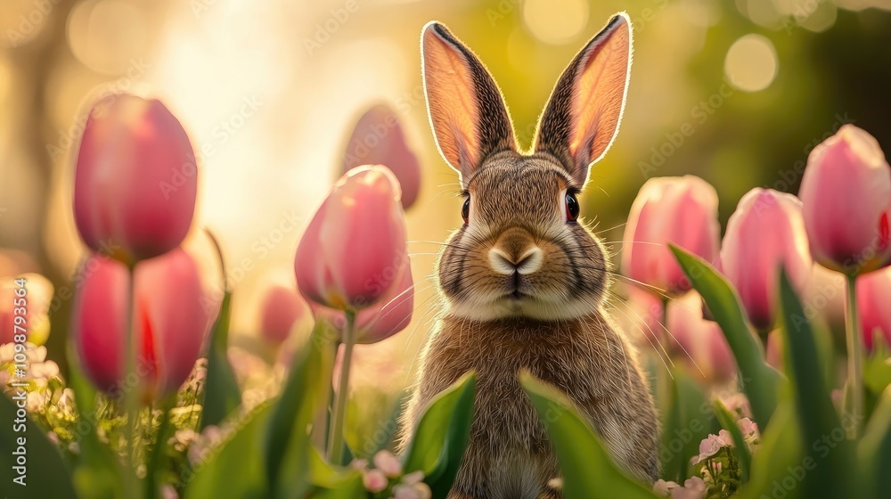 Fototapeta premium Charming rabbit peeking through vibrant pink tulips, bathed in soft spring sunlight, creating a serene garden atmosphere.