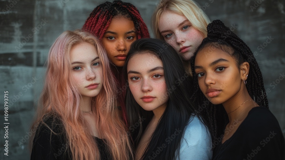 Obraz premium A captivating portrait of five diverse young women standing together, exuding confidence and strength with distinct hairstyles and expressions.