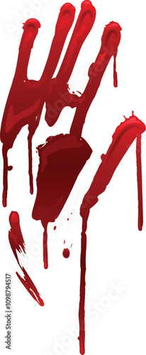 Dripping blood forming a bloody hand print on a white background, creating a disturbing and eerie image of violence, injury, or a scary halloween decoration