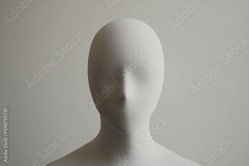 Minimalist white mannequin head on light gray background, representing concepts of fashion design, creativity, and identity in contemporary art.