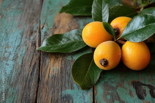 Medlar fruit with leaves on a wooden surface photo