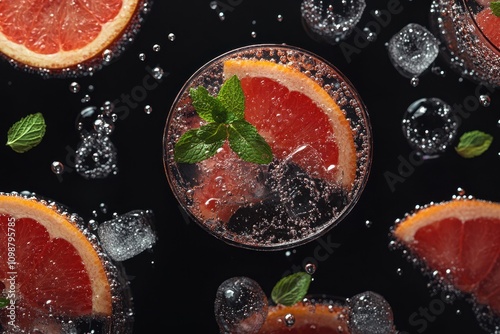 Mint and ice infused grapefruit beverage with bubbles on a dark backdrop photo